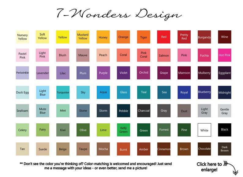 May include: A color chart with 72 different color swatches, each labeled with a name. The chart is organized into rows and columns, with the colors arranged in a rainbow pattern. The chart is titled "7-Wonders Design".