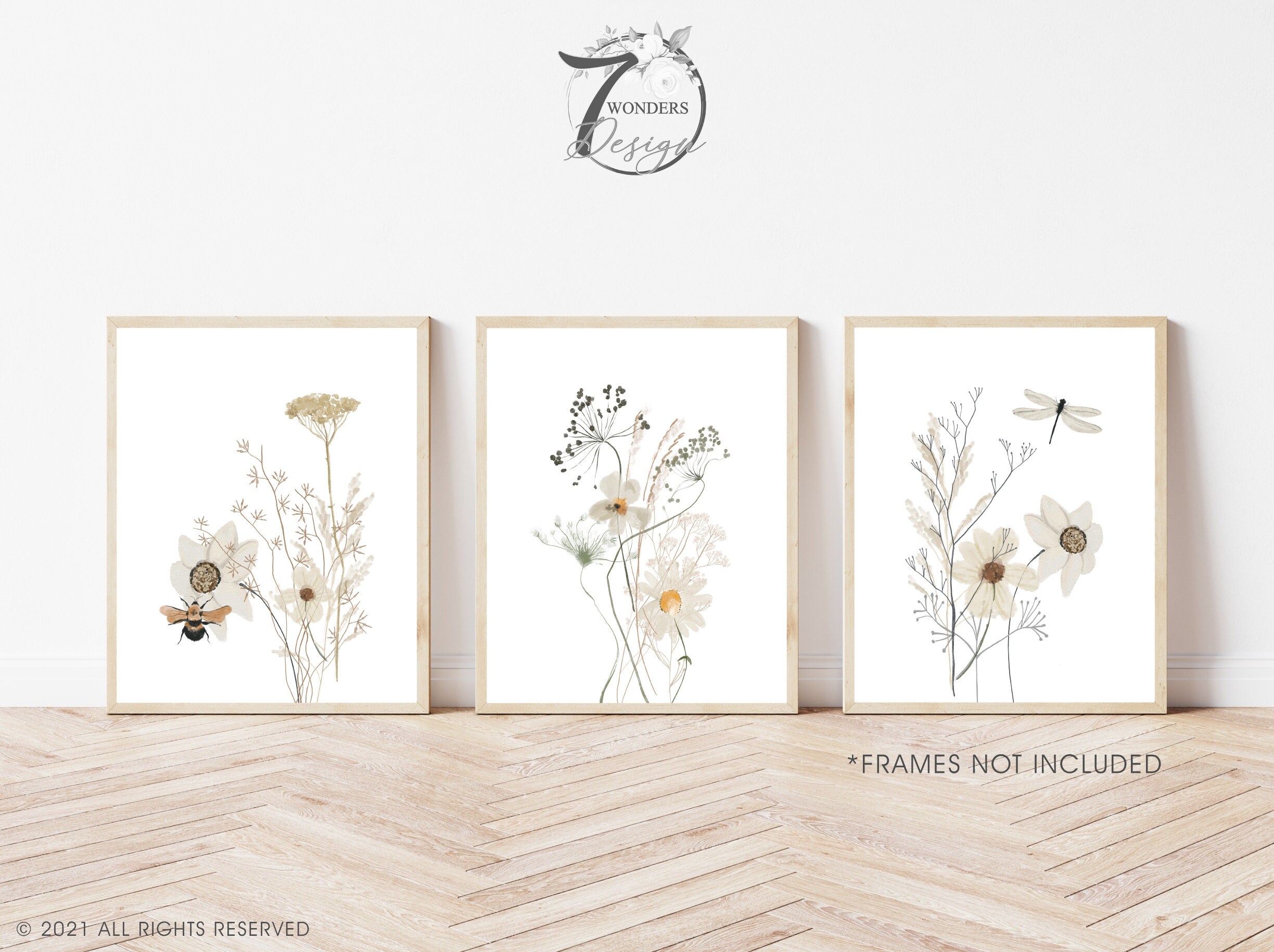 Farmhouse Wildflowers Wall Art Print Set Neutral Watercolor Flowers Cottage Home Decor - Set of 3 UNFRAMED Prints or Canvas Wraps