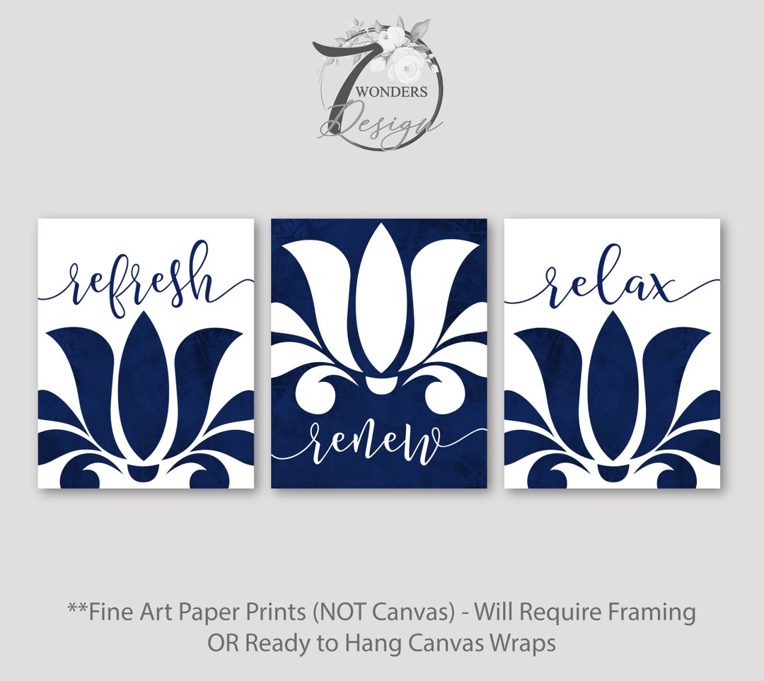 Navy Blue Bathroom Art Prints Distressed Abstract Floral Wall Art Relax