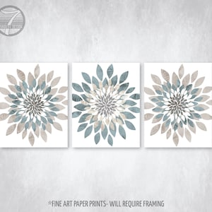 Modern Flower Bursts Neutral Colors Fine Art Print Ocean Blue Grey, Dust, Cottage, Farmhouse Wall Art Set of (3) Unframed Prints or Canvas