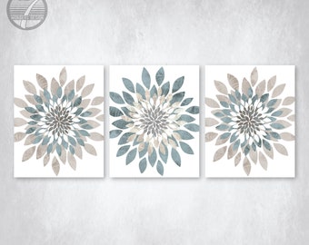 Modern Flower Bursts Neutral Colors Fine Art Print Ocean Blue Grey, Dust, Cottage, Farmhouse Wall Art Set of (3) Unframed Prints or Canvas