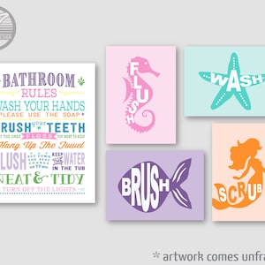 Girls Bathroom Art Prints, Set of 5 - Bathroom Rules, Brush, Wash, Flush, Mermaid, Seahorse, Two Size Options // Kids Decor - UNFRAMED