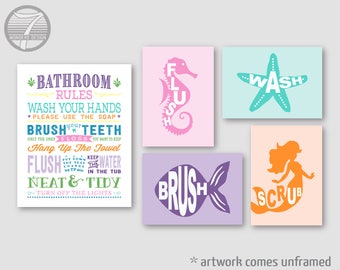 Girls Bathroom Art Prints, Set of 5 - Bathroom Rules, Brush, Wash, Flush, Mermaid, Seahorse, Two Size Options // Kids Decor - UNFRAMED