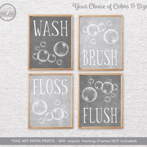 Kids Bathroom Decor Art Prints Girls Boys, Brush Wash Floss Flush, Grey, Light Grey, Childrens Teens, Set of (4) Unframed Prints or Canvas