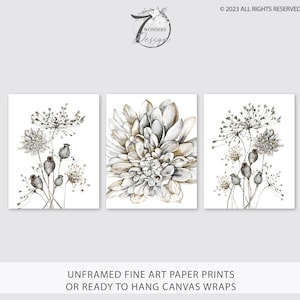 Neutral Wall Art Prints Farmhouse Dahlia Flowers Light Gray, Beige, Brown Boho Beach Colors Watercolor Set of 3 UNFRAMED Prints or Canvas image 7