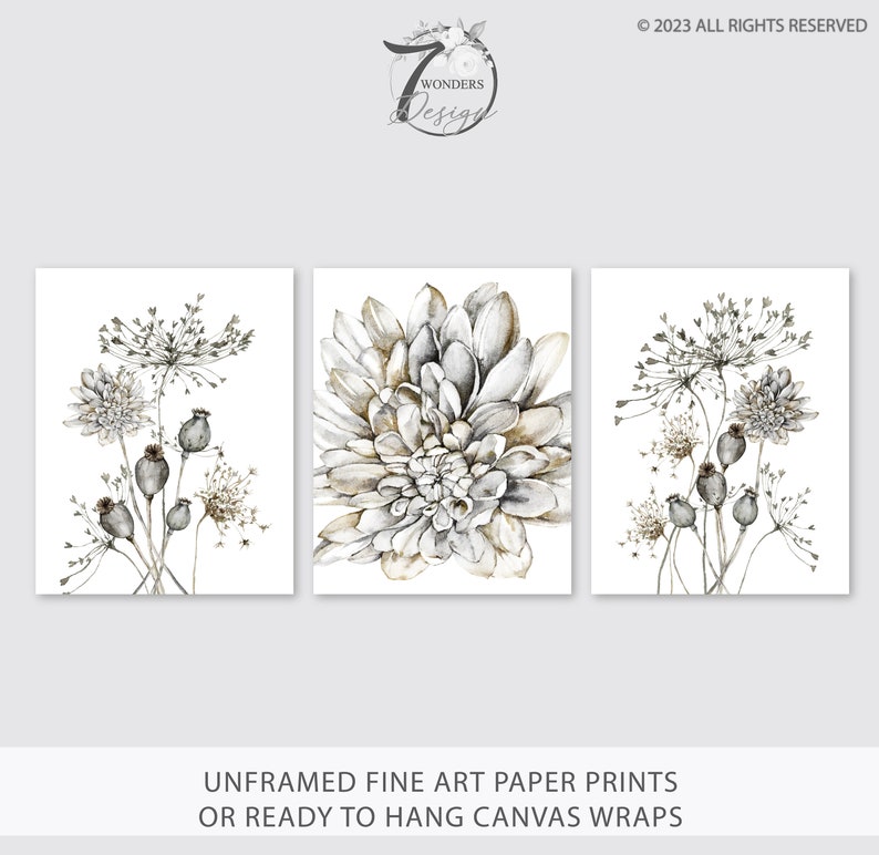 Neutral Wall Art Prints Farmhouse Dahlia Flowers Light Gray, Beige, Brown Boho Beach Colors Watercolor Set of 3 UNFRAMED Prints or Canvas image 7