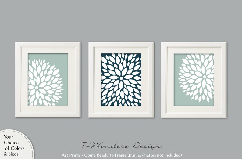 Neutral Flower Bursts Art Prints, Dahlia Artwork Peach Seafoam Khaki Bedroom Bathroom Home Decor Set of 3 Unframed Paper Prints or Canvas image 2