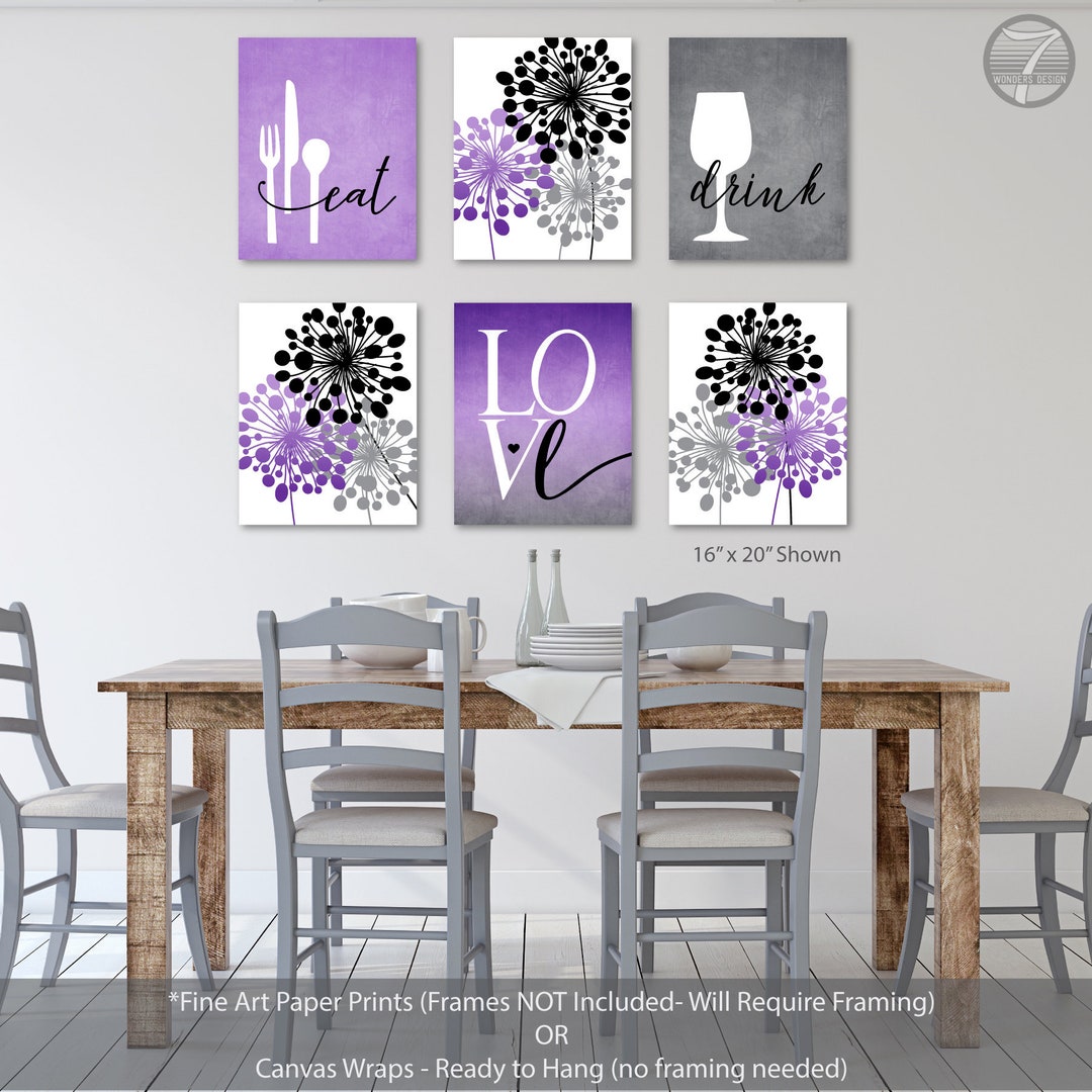 Kitchen Wall Art Print Set, Eat Drink Love, Floral Wall Art, Purple ...