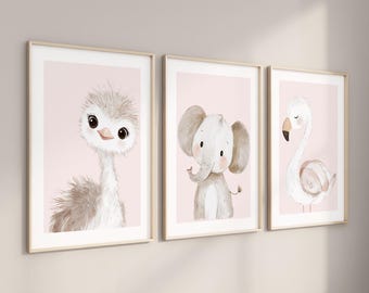 Girls Safari Animals Prints, Blush Pink Baby Nursery Wall Art, Elephant Ostrich Swan Animal Decor, Set of (3) UNFRAMED Prints or Canvas
