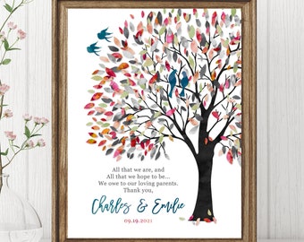 Wedding Thank you Gift for Parents, Personalized Couples Tree Art, Bride & Groom art, Multi Color Watercolor Gray - Unframed Print OR Canvas