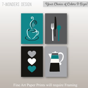 Modern Kitchen Art Prints, Coffee, Utensils, Hearts Art Prints, Teal, Black, White, Grey, Home Decor, Set of (4) Unframed Prints or Canvas