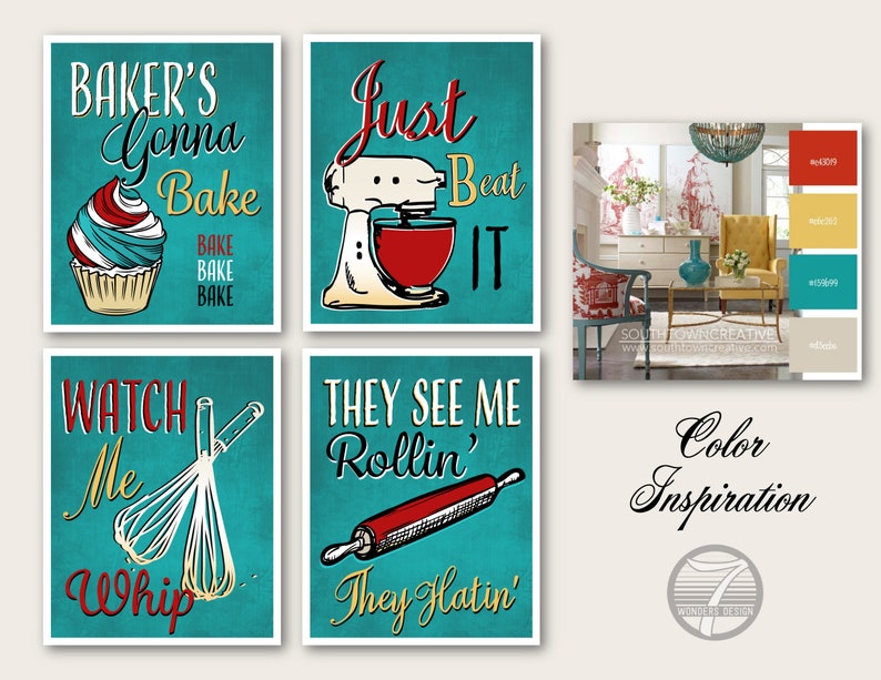 Funny Teal Red Kitchen Art Print Set of 4 Bakers Cupcake Whisk Etsy