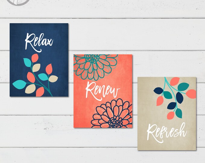Turquoise Grey BATHROOM Wall Art Prints Relax Renew Refresh Etsy