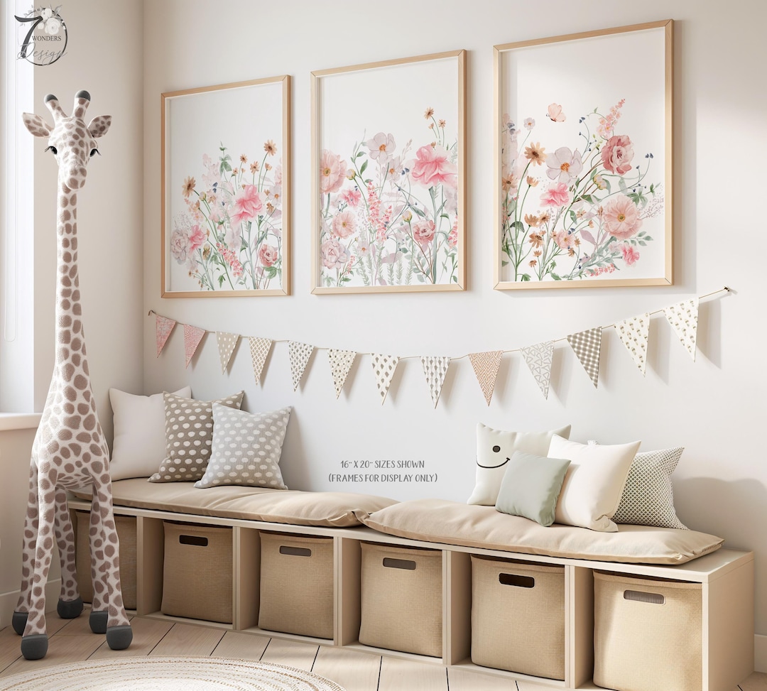 Pink Floral Girls Nursery Prints - Boho Wildflower Wall Art Set of 3 - Etsy