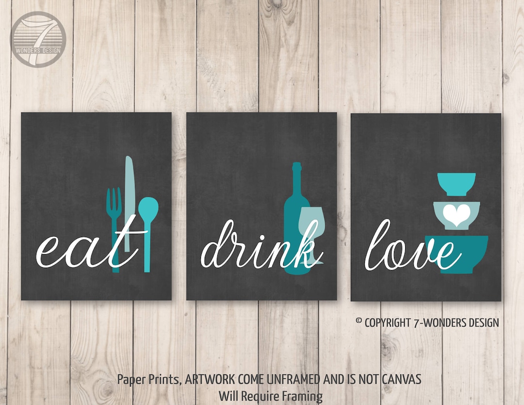Kitchen Wall Art Print Set Eat Drink Love Charcoal Turquoise Teal Blue