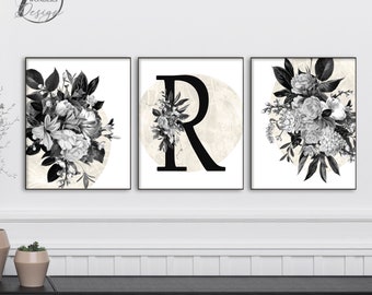 Vintage Floral Black Gray White Personalized Custom Couples Family Initial Letter Monogram Art Home Decor Set of 3 UNFRAMED Prints or Canvas