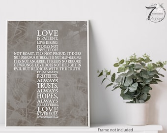 Love is Patient Cross Typography Christian Neutral Home Decor Bible Verse Wall Art 1 Corinthians 13:4-8 Scripture - UNFRAMED Print OR Canvas