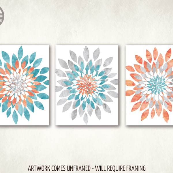 Modern Flower Bursts WaterColors Fine Art Print Sea Blue Peach Coral Gray, Cottage, Home, Apartment Set of (3) Unframed Prints or Canvas