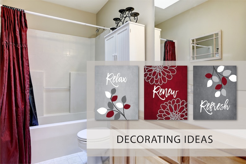 Burgundy Grey BATHROOM Wall Art Relax Renew Refresh Quotes - Etsy