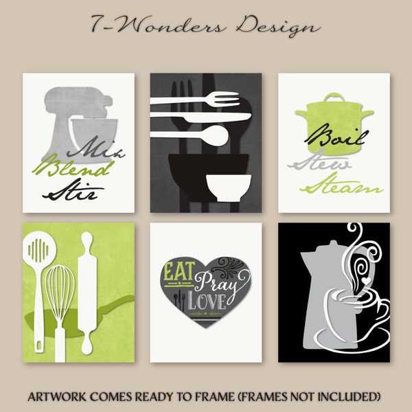 Modern Kitchen Art Print Set Utensil Appliance Silhouettes Eat Pray Love Kitchen Decor Green Apple Grey Set of (6) UNFRAMED Prints or Canvas