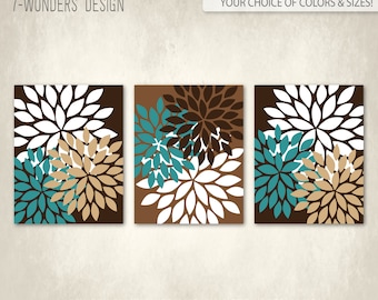 Modern Abstract Flower Bursts Brown Beige Teal, You Pick Colors, Bedroom, Bathoom Home Decor Set of (3) Unframed Paper Prints or Canvas