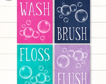 Girls Bathroom Decor Art Brush, Wash, Floss, Flush, Navy Hot Pink Turquoise Lavender, Childrens Teens, Set of (4) Unframed Prints or Canvas