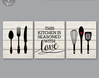 Kitchen Wall Art Print Set  This Kitchen is Seasoned With Love, Faux Wood, Black, Burgundy  // Set of (3) UNFRAMED Prints or Canvas Wraps