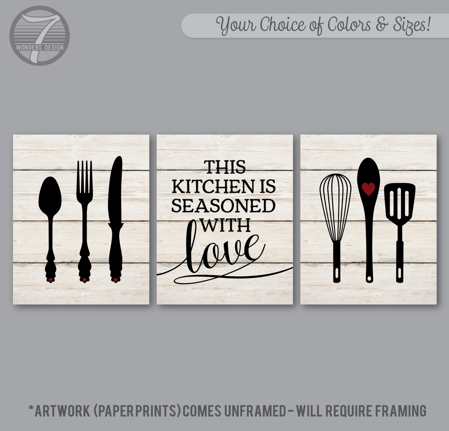 Kitchen Wall Art Print Set This Kitchen is Seasoned With Love, Faux Wood, Black, Burgundy // Set of (3) Prints or Canvas