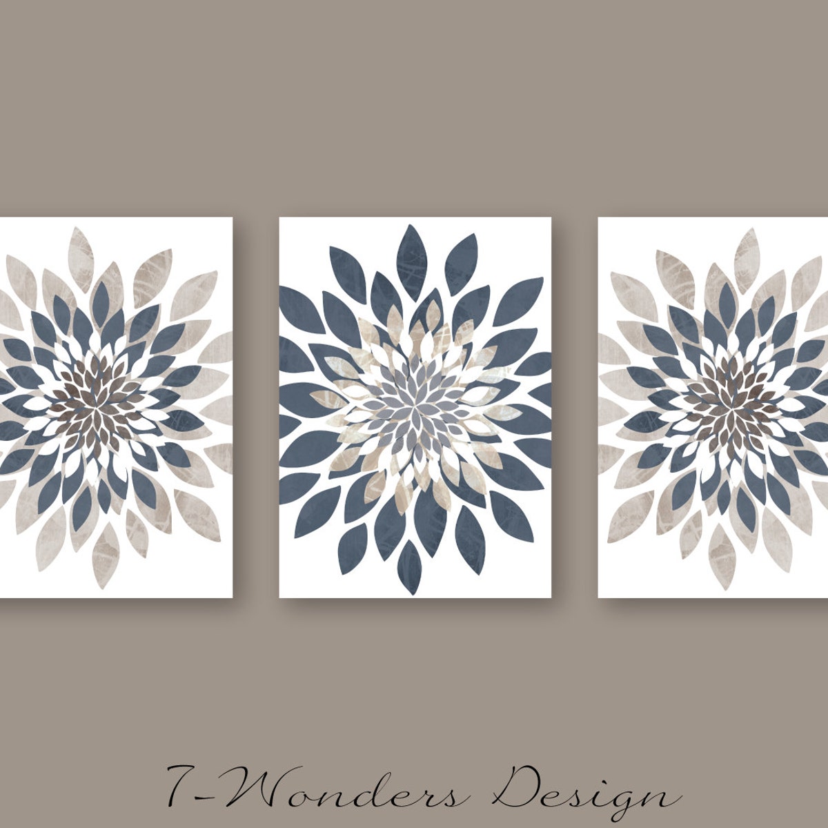 Modern Flower Bursts Neutral Colors Fine Art Prints Grey Tan Indigo Blue // Cottage, Apartment Decor Set of (3) Unframed Prints or Canvas - Etsy