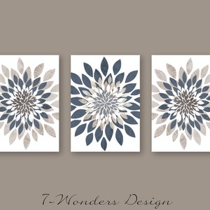 Modern Flower Bursts Neutral Colors Fine Art Prints Grey Tan Indigo Blue // Cottage, Apartment Decor Set of (3) Unframed Prints or Canvas