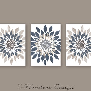 Modern Flower Bursts Neutral Colors Fine Art Prints Grey Tan Indigo Blue // Cottage, Apartment Decor Set of (3) Unframed Prints or Canvas