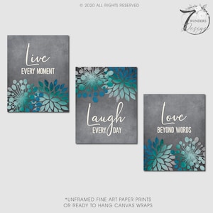 Live Laugh Love Wall Fine Art Prints Cottage Farmhouse Dandelion Flower Floral Glass Teal Blue Grey Set of 3 Unframed Paper Prints or Canvas