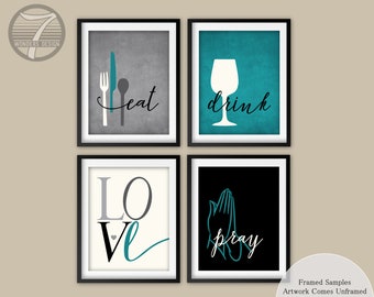 Modern Kitchen Wall Art - Eat Drink Pray Love, Teal Grey Black Cream, Christian Home Decor, Dining Room Wall Art, UNFRAMED Prints or Canvas