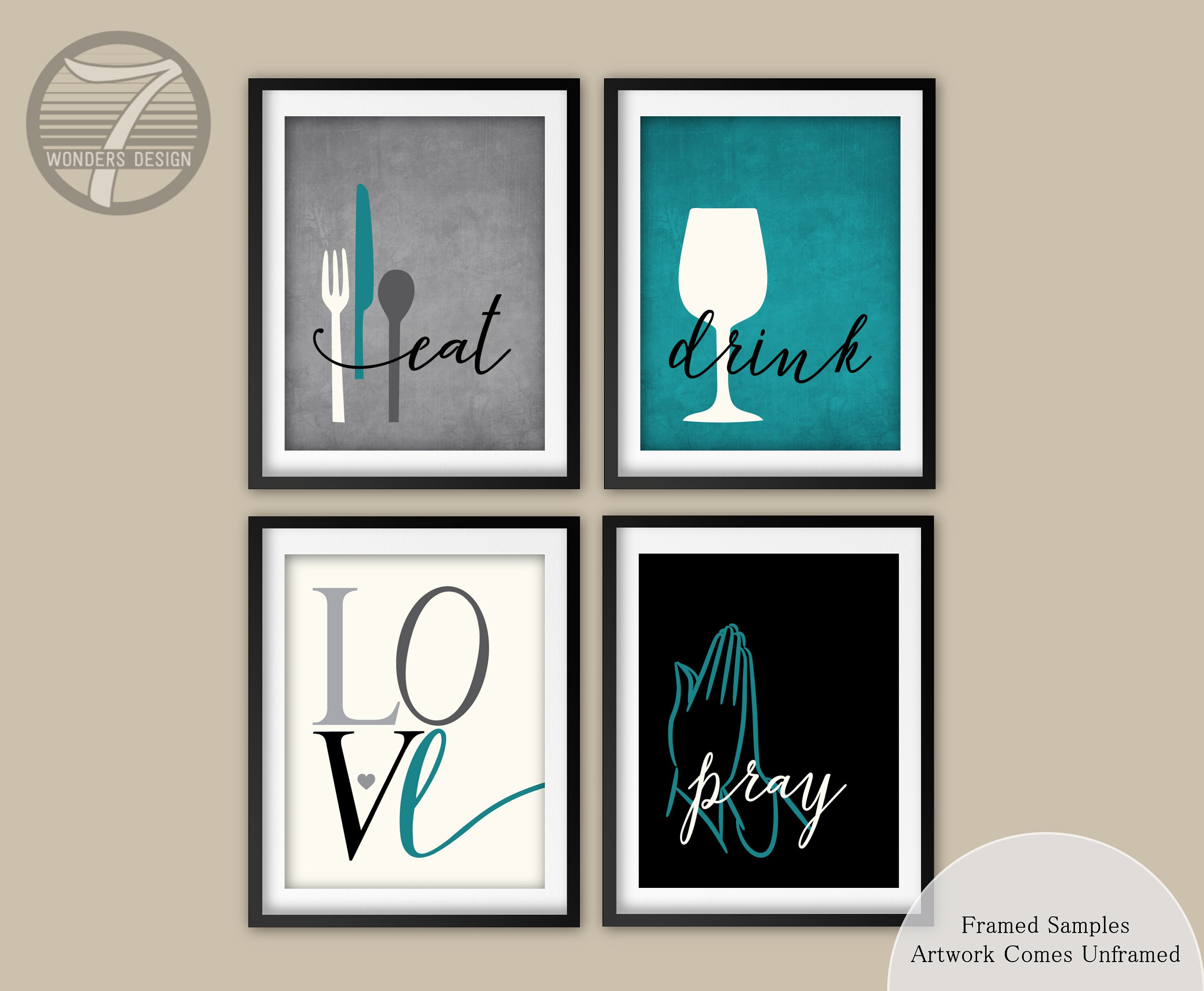 Modern Kitchen Wall Art - Eat Drink Pray Love, Teal Grey Black Cream, Christian Home Decor, Dining Room Wall Art, UNFRAMED Prints or Canvas