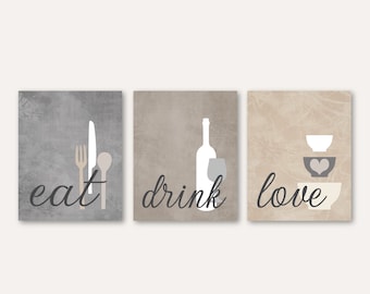 Kitchen Wall Art Print Set, Eat Drink Love, Neutral Colors Grey Beige Tan Cream Modern Farmhouse Decor Set of (3) Unframed Prints or Canvas