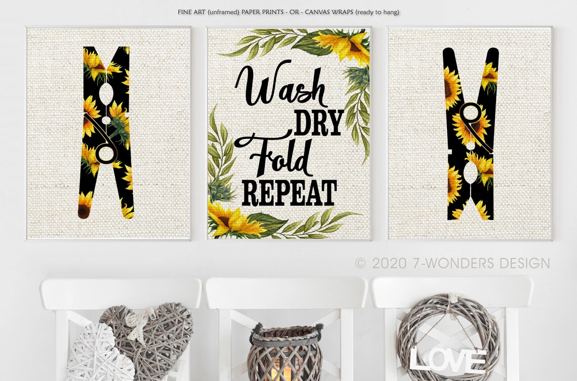 Sunflower Laundry Room Art Print Set Wash Dry Fold Repeat Etsy