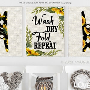 Sunflower Laundry Room Art Print Set Wash Dry Fold Repeat Sunflowers ...
