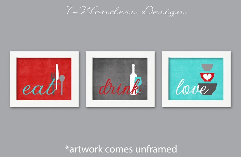 Kitchen Wall Art Print Set Eat Drink Love Red Turquoise Grey Modern Decor Of 3 Many Sizes Unframed
