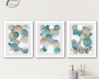 Teal, Beige, Grey Bathroom Art Prints, Relax Renew Refresh Bubble Circles Shower Decor Wall ArtPrint Set of (3) UNFRAMED Prints or Canvas