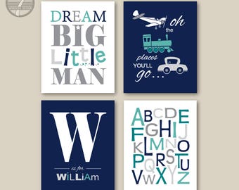 Boys Dream Big, Alphabet, Transportation Wall Art Personalized Name Navy, Teal, Grey, Nursery, Bedroom Set of (4) Unframed Prints or Canvas