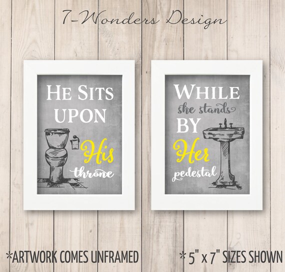 His Her Bathroom Couples Wall Art Prints Grey Yellow Humorous Etsy