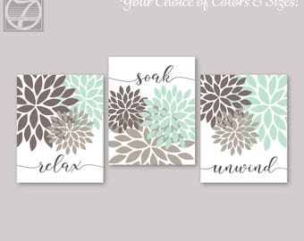 Relax Soak Unwind, Abstract Floral Bursts Bathroom Art, Light Mint &, Brown, Modern Bathroom Decor Set of (3) Unframed Prints or Canvas