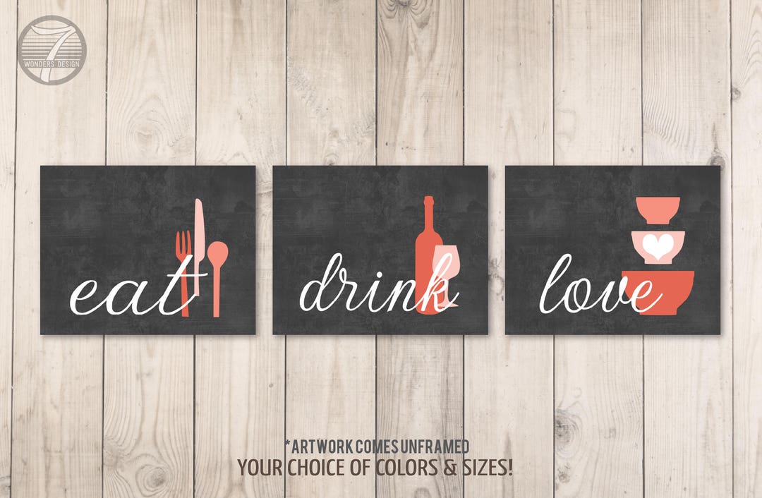 Kitchen Wall Art Print Set Eat Drink Love Charcoal Shades of Coral