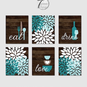 Brown Teal Duck Egg Kitchen Wall Art Prints Eat Drink Love Flowers Farmhouse Faux Wood Home Decor Set of (6) Unframed Paper Prints or Canvas