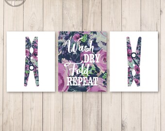 Laundry Room Art Print Watercolor Set, Vintage Tone Floral, Set of (3) Many Sizes, Modern Laundry Signs, Wash Dry Fold Repeat Art, UNFRAMED