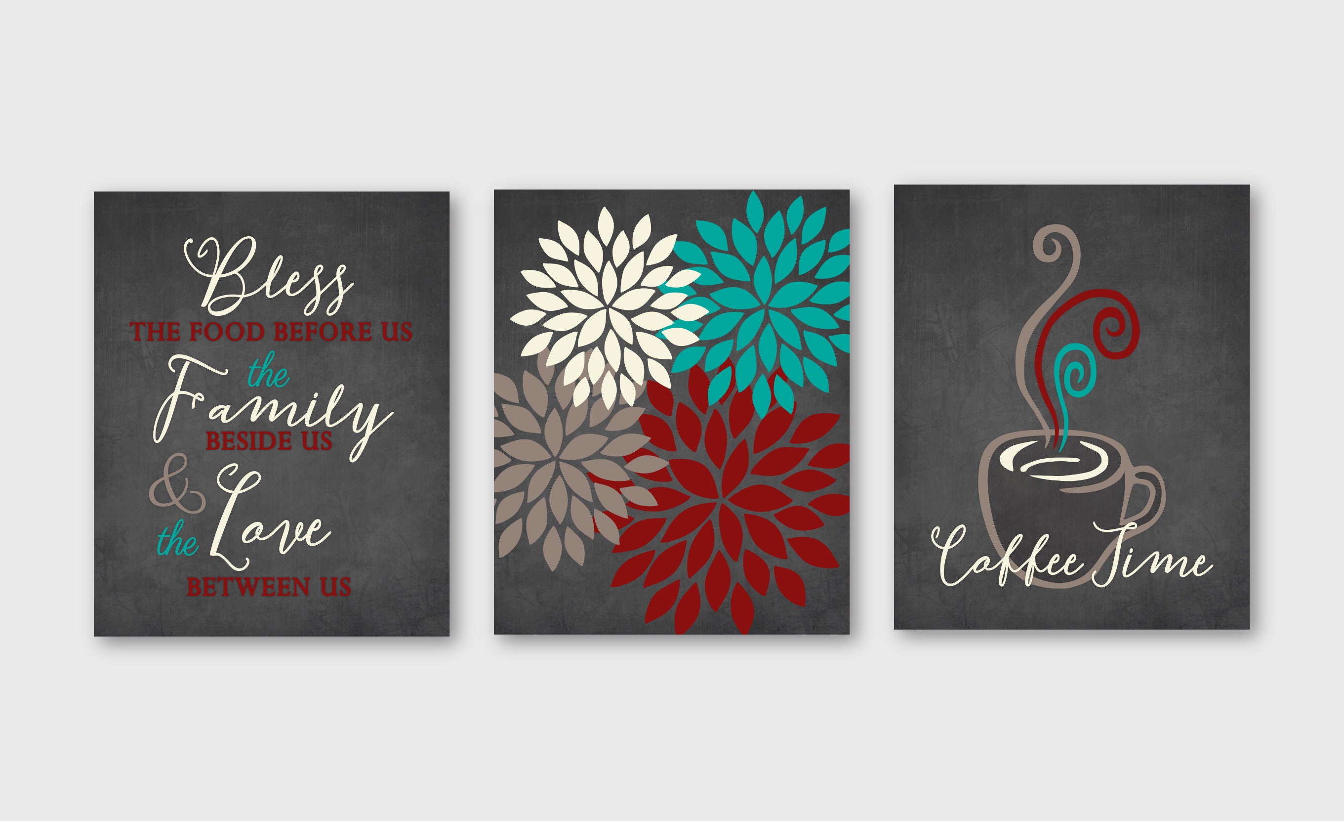 6 Unframed Prints or Canvas Farmhouse Cottage Kitchen Wall Art Bless the Food Before Us Flower Bursts Gray Turquoise Royal Coral Set of