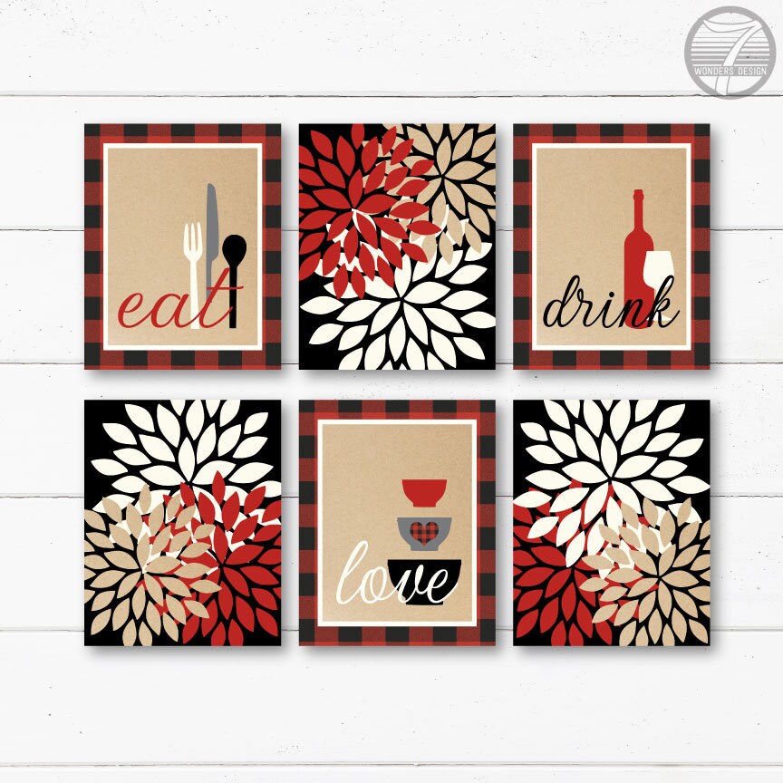 Rustic Red Buffalo Plaid Kitchen Wall Art Eat Drink Love Etsy Nederland