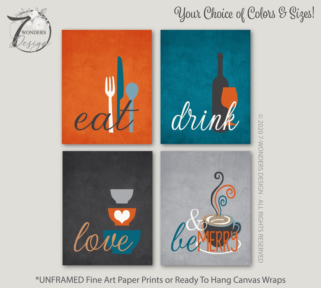 kitchen art personalized prints - utensils, cups,... Kitchen Art Print Set, Eat Drink Love Be Merry Utensils Wine Bowls Sea ...