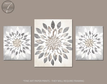 Flower Bursts Fine Art Prints Light Gray, Beige, Cream Distressed Textured Farmhouse Cottage, Home Decor Set of 3, UNFRAMED Prints or Canvas