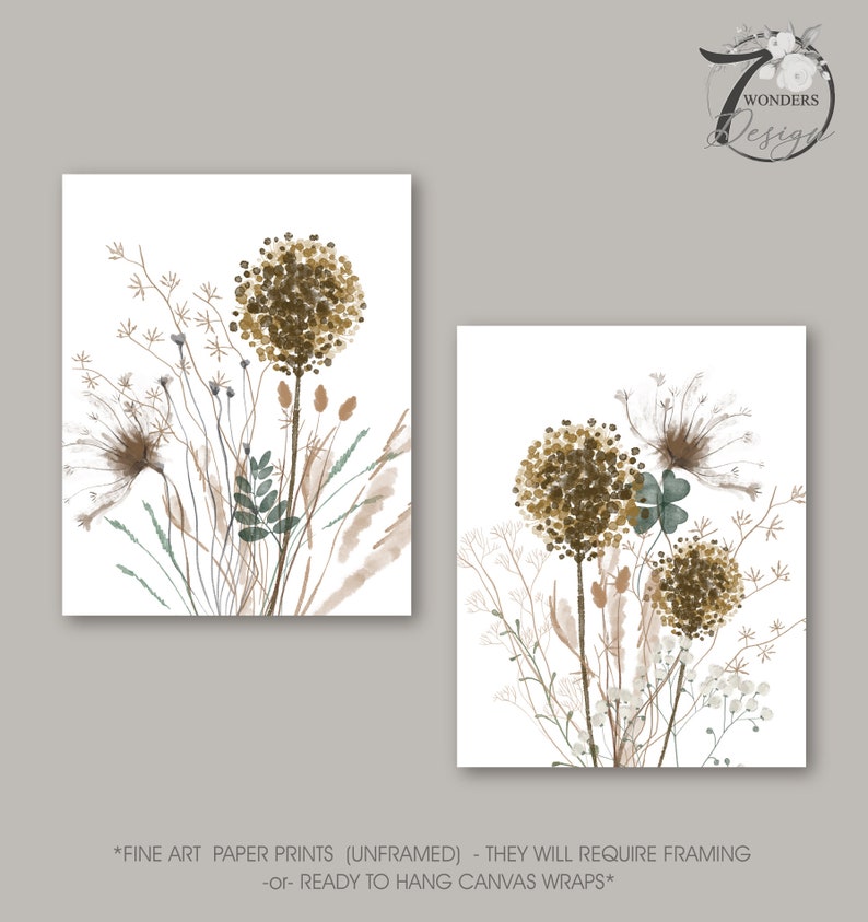Neutral Wildflower Silhouette Flower Art Prints Botanical Brown Earth ...